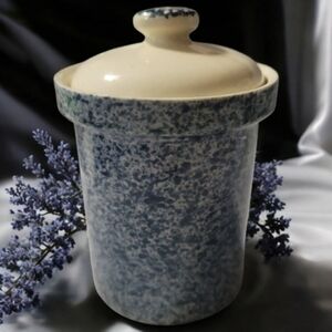 Vtg 60's Blue White Speckled Stoneware Crock Canister Sponge Spatterware W/Lid
